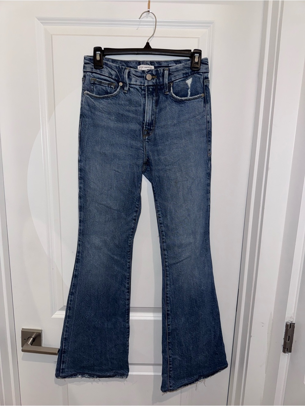 Good American Distressed Mid Blue Flare Jeans